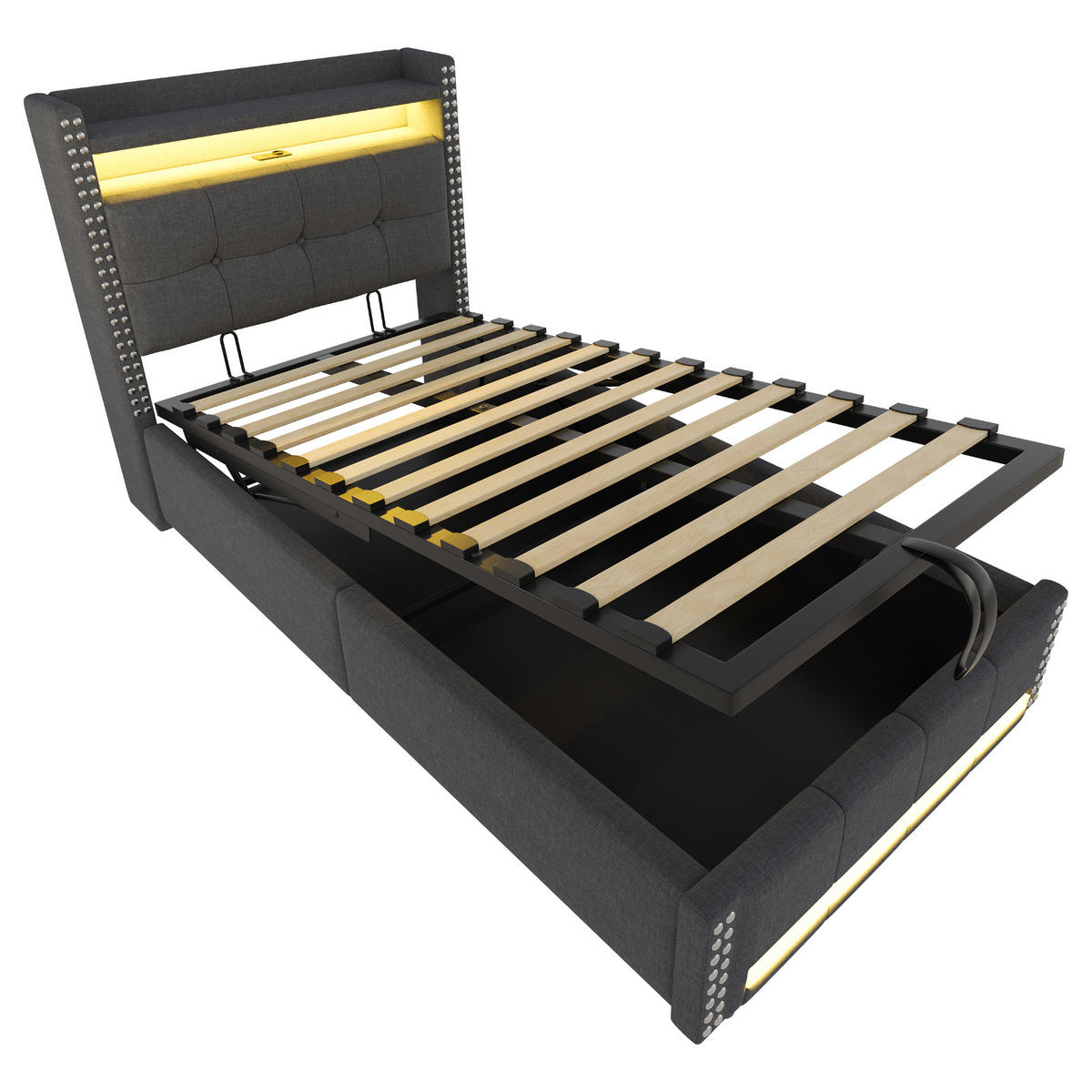 POLSTERBETT 90/200 cm grau mit LED-Beleuchtung und USB-Steckdose - Grau, Textil (90/200cm) - OKWISH