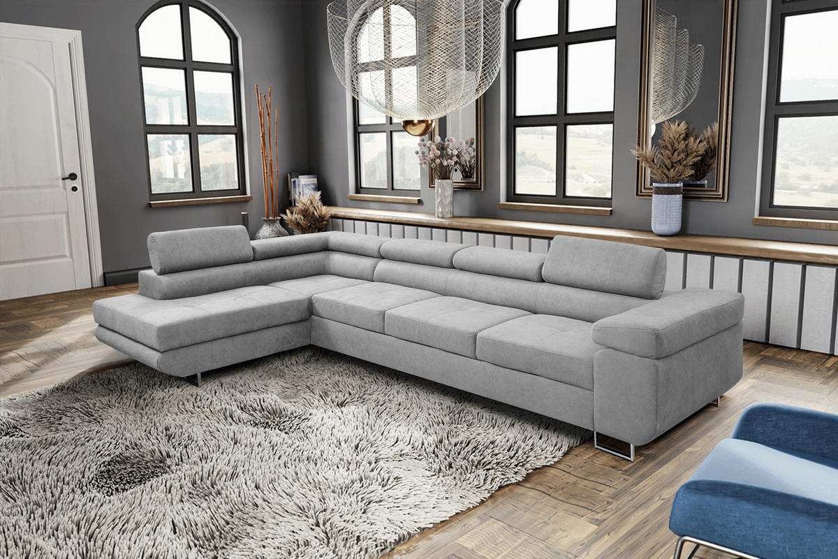 ECKSOFA Marlene IV L-Form mit verstellbaren Kopfstützen Schlaffunktion Bettkasten 347 cm links hellgrau - Hellgrau, Kunststoff (347/202cm) - Margaret Hadas24