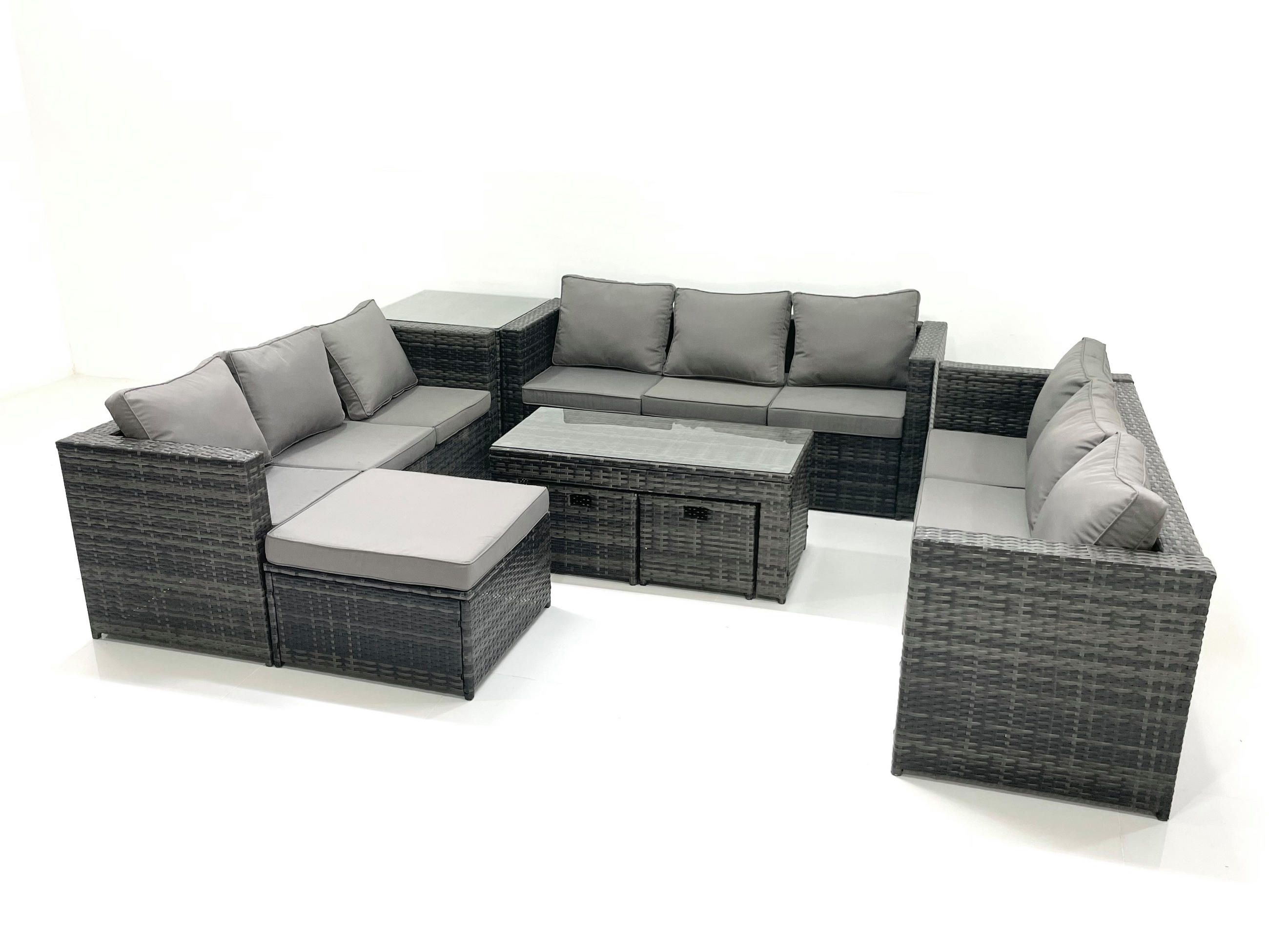 GARTENMÖBEL COUCHTISCH SET mit Sofa Polyrattan Outdoor 12-Sitzer - Dunkelgrau/Grau, Glas/Kunststoff - Fimous