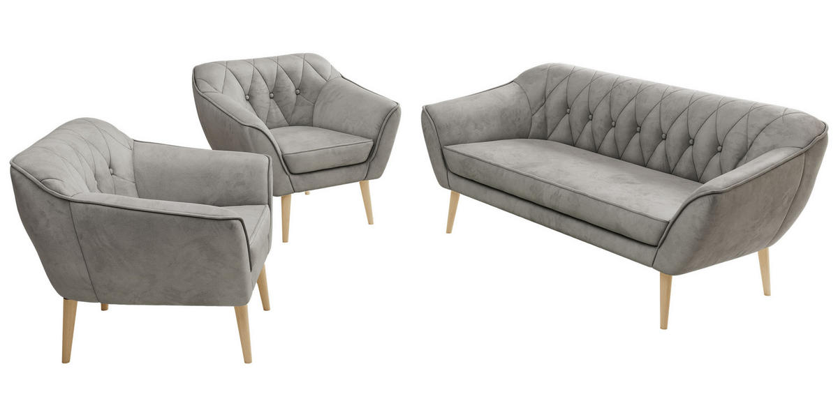 SEDACÍ SOUPRAVA 3+1+1 PIRS - Světle šedá Samet - Dřevěné nohy - světle šedá/barva buku, kompozitní dřevo/textil (180/75/74cm) - MKS