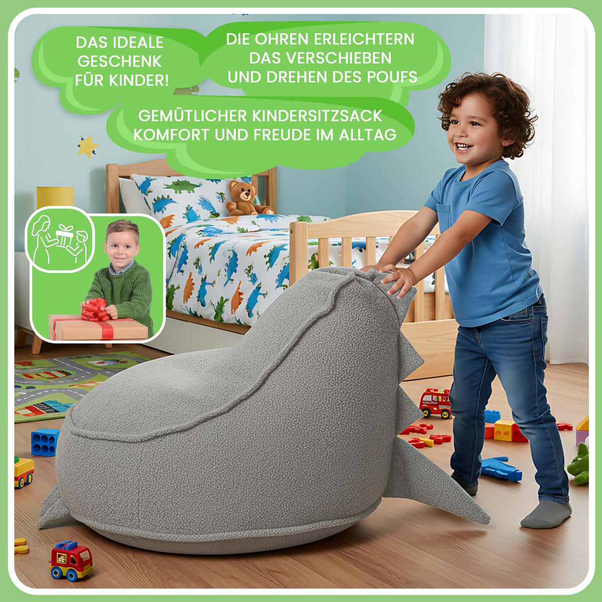 SITZSACK FÜR KINDER Dino 75/75/55 cm, weicher Bouclé 315 g/m², abnehmbarer Bezug, Pearl Grey - Hellgrau, Textil (75/55/75cm) - Dreamroots