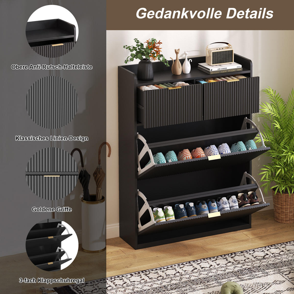 SCHUHSCHRANK mit zwei Schubladen und zwei Klappfächern, schmales Eingangsmöbel, mit Kippschutz, Schwarz - Goldfarben/Schwarz, Holzwerkstoff/Metall (24/110/8cm) - GENKI LIVING