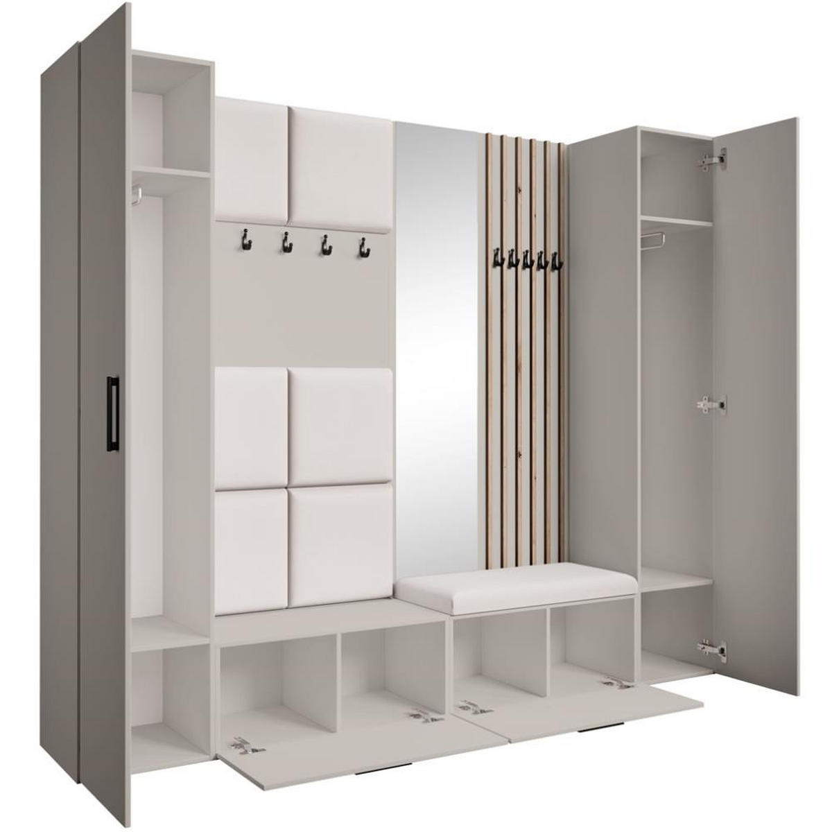 GARDEROBE Margaret XL 242/203/43 mit gepolsterten Paneelen/Lamellen/Spiegel - Kaschmir/Beige, Holzwerkstoff/Kunststoff (242/203/43cm) - Beautysofa