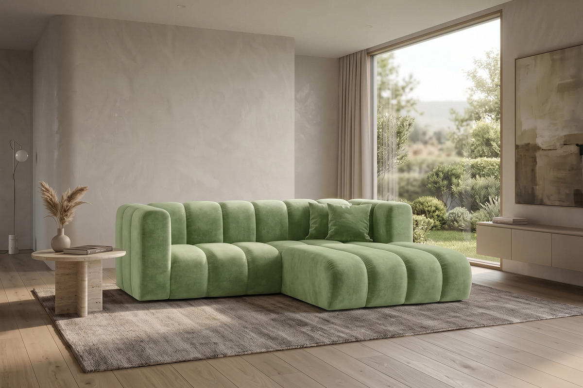 ECKSOFA Modulares In L-Form, Velvet-Stoff Riviera, Olive, Rechts, GRAND - Olivgrün, Holz (227/179cm) - Kaiser Möbel
