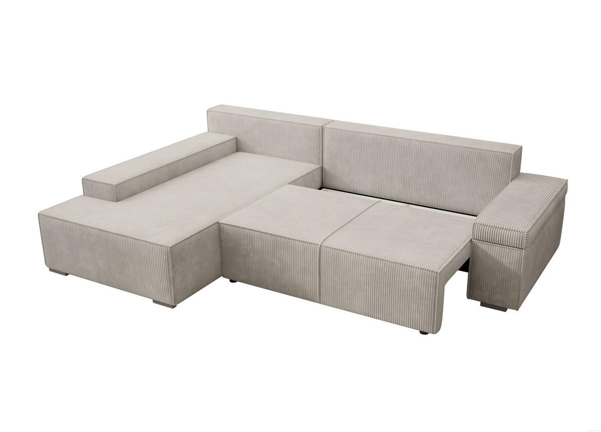 ECKSOFA Milo mit Schlaffunktion und Bettkasten, Couch L-Form, Cord-Stoff, 273x85x185 cm, Beige - Beige, Holz (185/273cm) - PROMETO Möbel