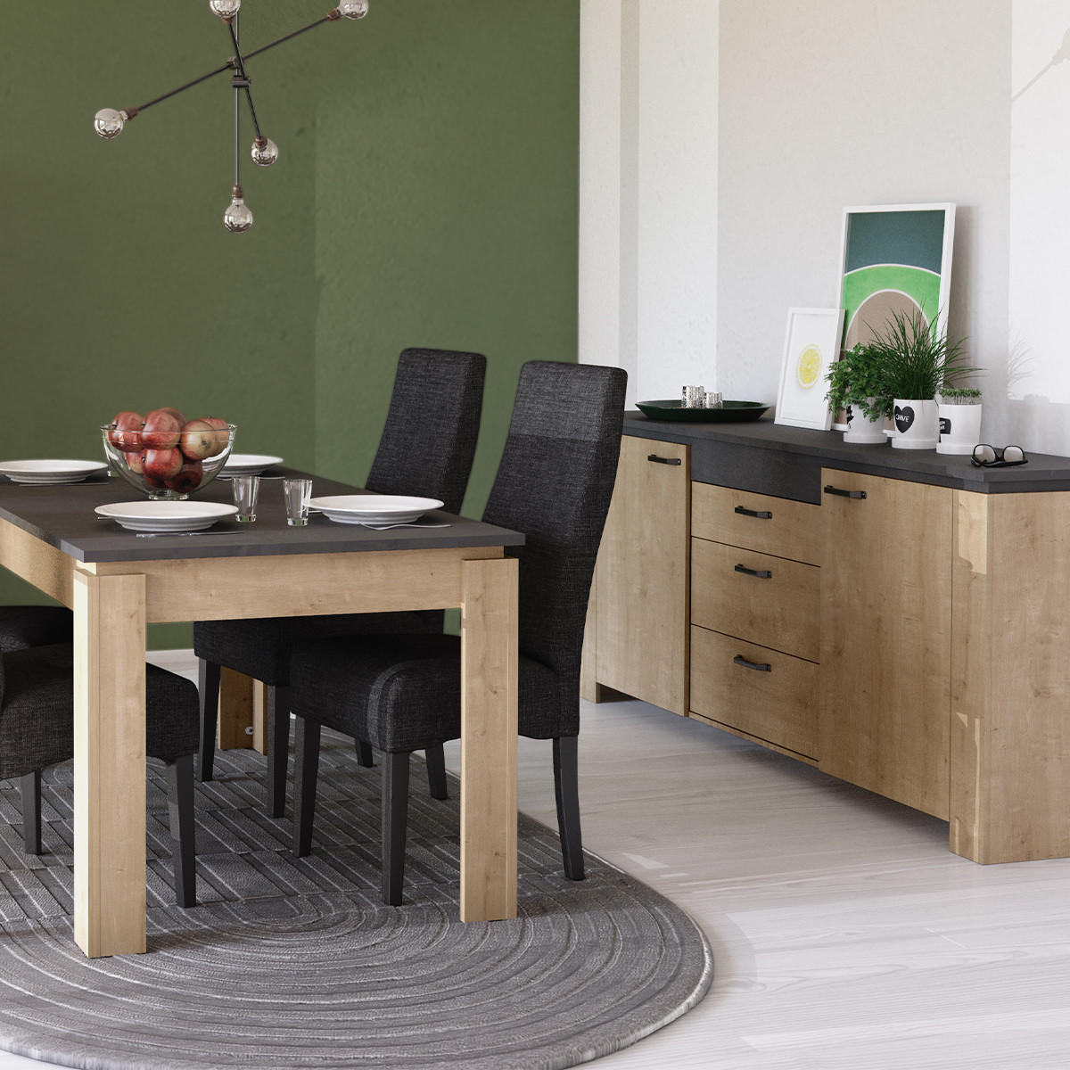 SIDEBOARD mit 2 Türen und 3 Schubladen, Dekor Eiche und Anthrazitgrau Austin - L203,80 cm - Apfelbaumfarben, Holzwerkstoff (42/87.8/203.8cm) - Calicosy