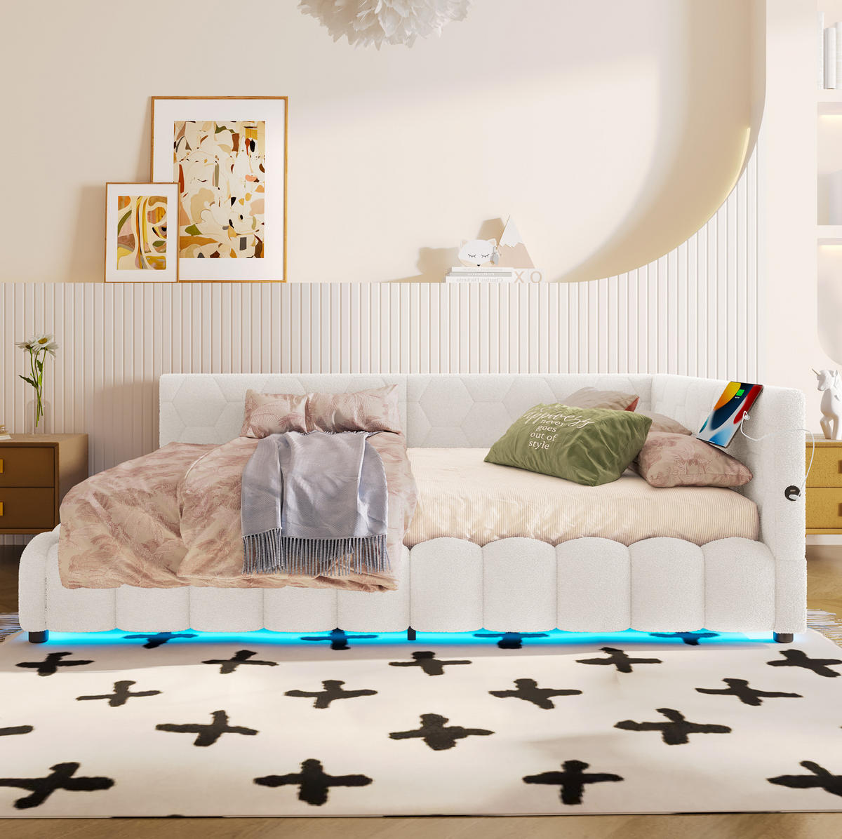 DENNÍ postel 140/200 cm bílá z MDF a sametové látky s LED osvětlením a úložným prostorem - bílá, textil (140/200cm) - OKWISH
