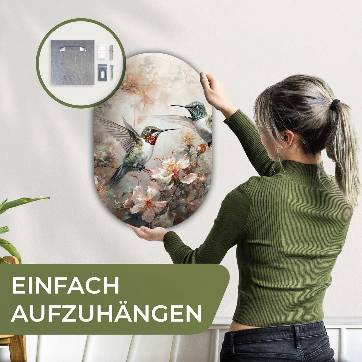 WANDBILD Kolibri - Vögel - Blumen - Pflanzen 40x60 cm - Hellgrün, Kunststoff (40/60cm) - MuchoWow