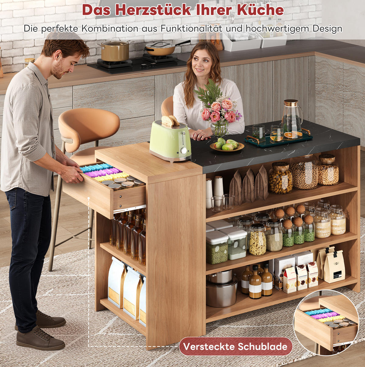 KÜCHENINSEL mit Stauraum 140x60x90 cm Eicheoptik Schwarz - Schwarz, Holz (60/90/140cm) - Beauniv