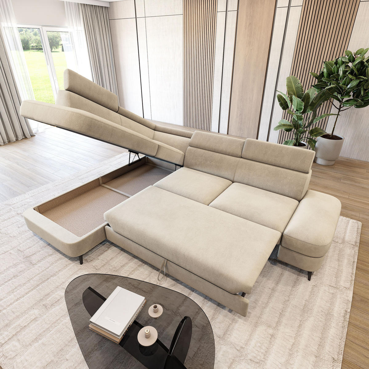 ECKSOFA AVISE MV L-S Creme Velours-Stoff mit Schlaffunktion - Creme, Holzwerkstoff/Textil (268/195cm) - MASSENO