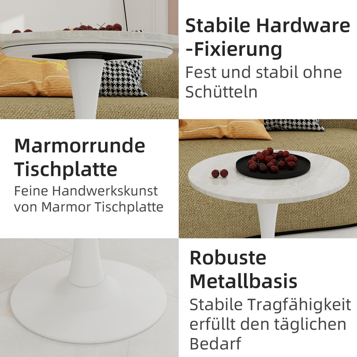 COUCHTISCH in Weiß Wohnzimmertisch mit einer runden Marmor-Tischplatte für Wohnzimmer, B70/T70/H72 cm - Goldfarben/Weiß, Stein/Metall (70/70/72cm) - STILVORA