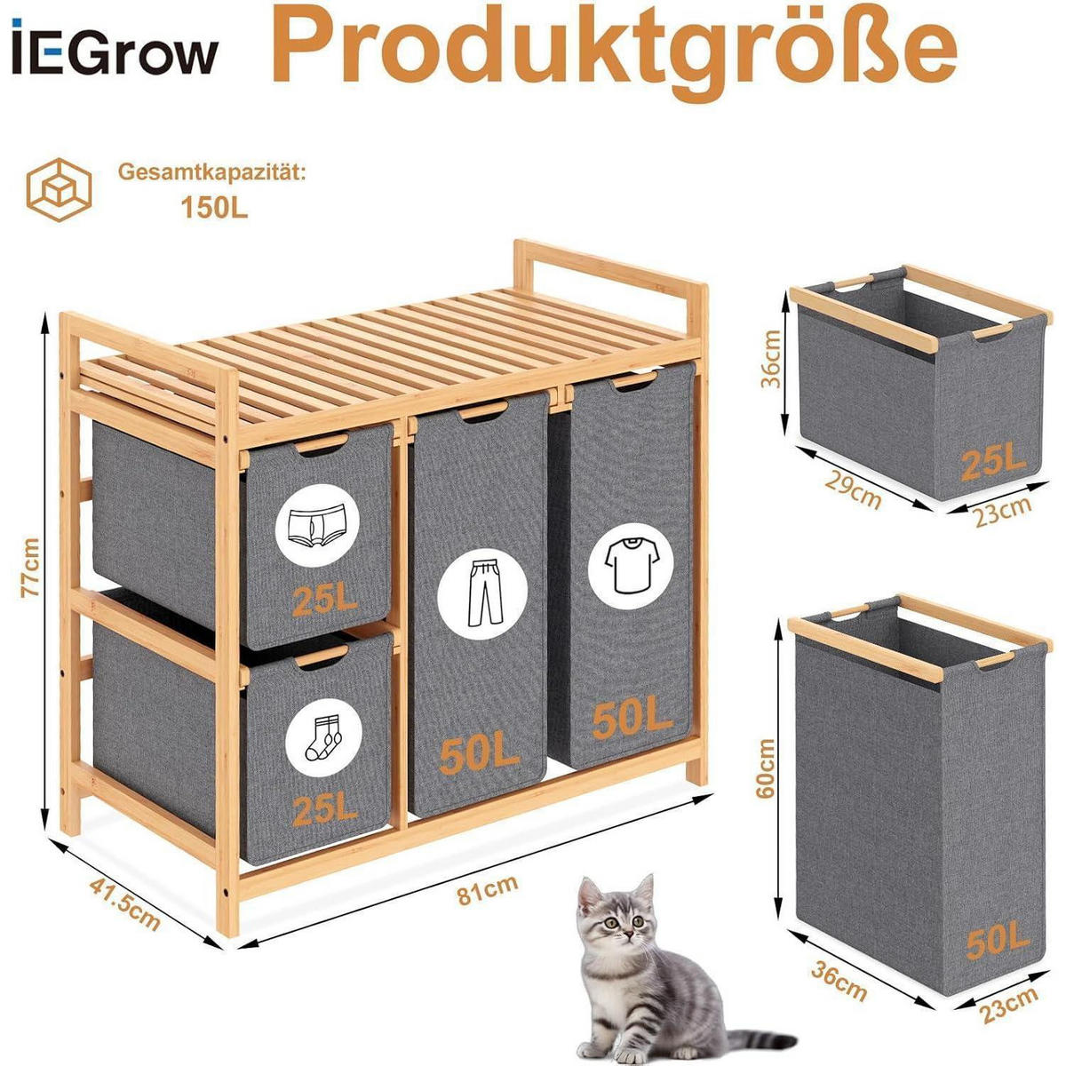 WÄSCHEKORB mit Ablage Bambus Grau 77 cm - Grau, Naturmaterialien (42/85/80cm)
