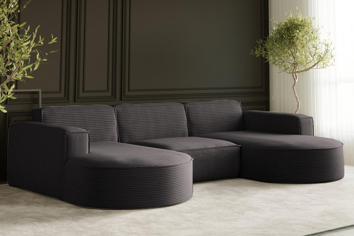 ECKSOFA Designer MODENA U STUDIO Stoff Dicker Cord Dunkelgrau - Dunkelgrau, Holz (165/299cm) - Kaiser Möbel