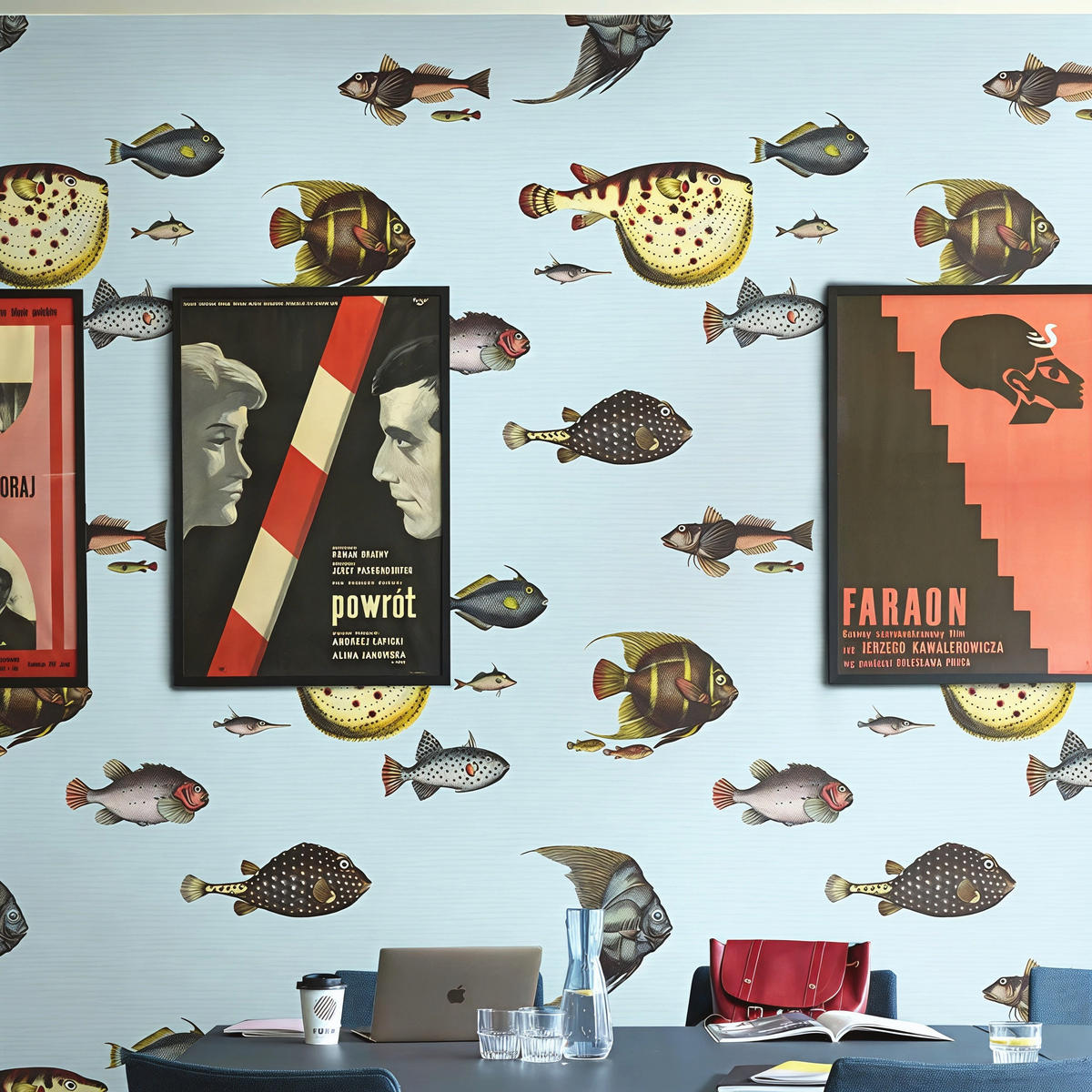 TAPETE Fische aus echtem Papier, 200x280cm, 8 Bögen - Hellblau, Papier (200/280cm) - WALLPAPERS4BEGINNERS