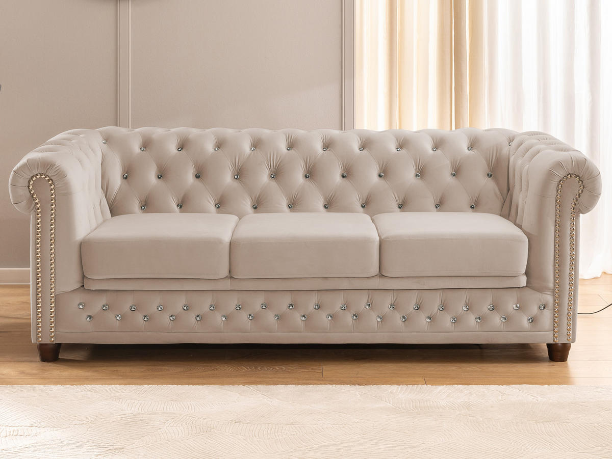 CHESTERFIELD-SOFA 3-Sitzer mit Schlaffunktion Cleo Blink Beige Samt mit Kristallsteppung und braunen Massivholzfüßen - Beige/Braun, Holz/Textil (203/72/86cm) - S-Style Möbel