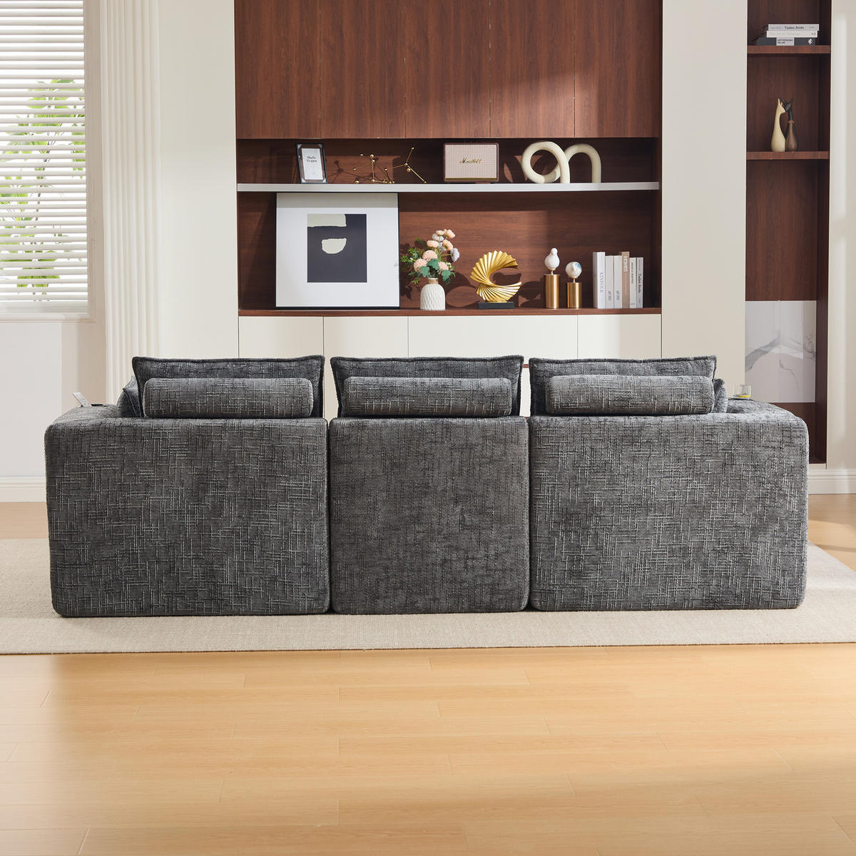 ECKSOFA mit Fußhocker, Kissen und Getränkehalter aus Chenille in Grau - Dunkelgrau, Textil (256/161cm) - EVRYAE