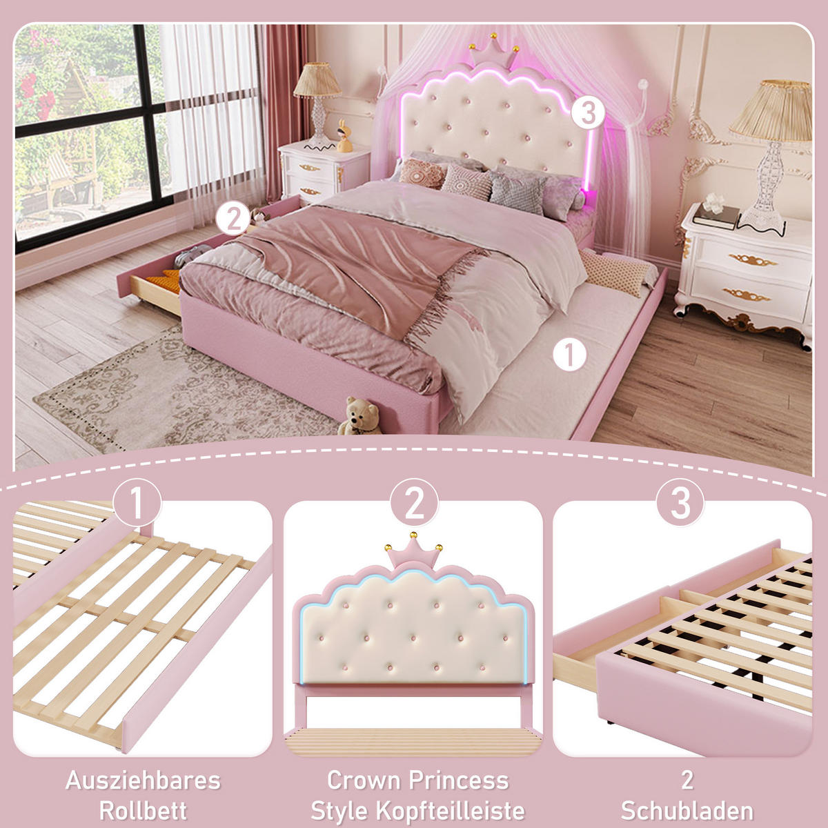 POLSTERBETT 140/200 cm aus PU und MDF mit LED-Beleuchtung, Ausziehbett und 2 Schubladen Rosa - Pink, Kunststoff (140/200cm) - Modenvie