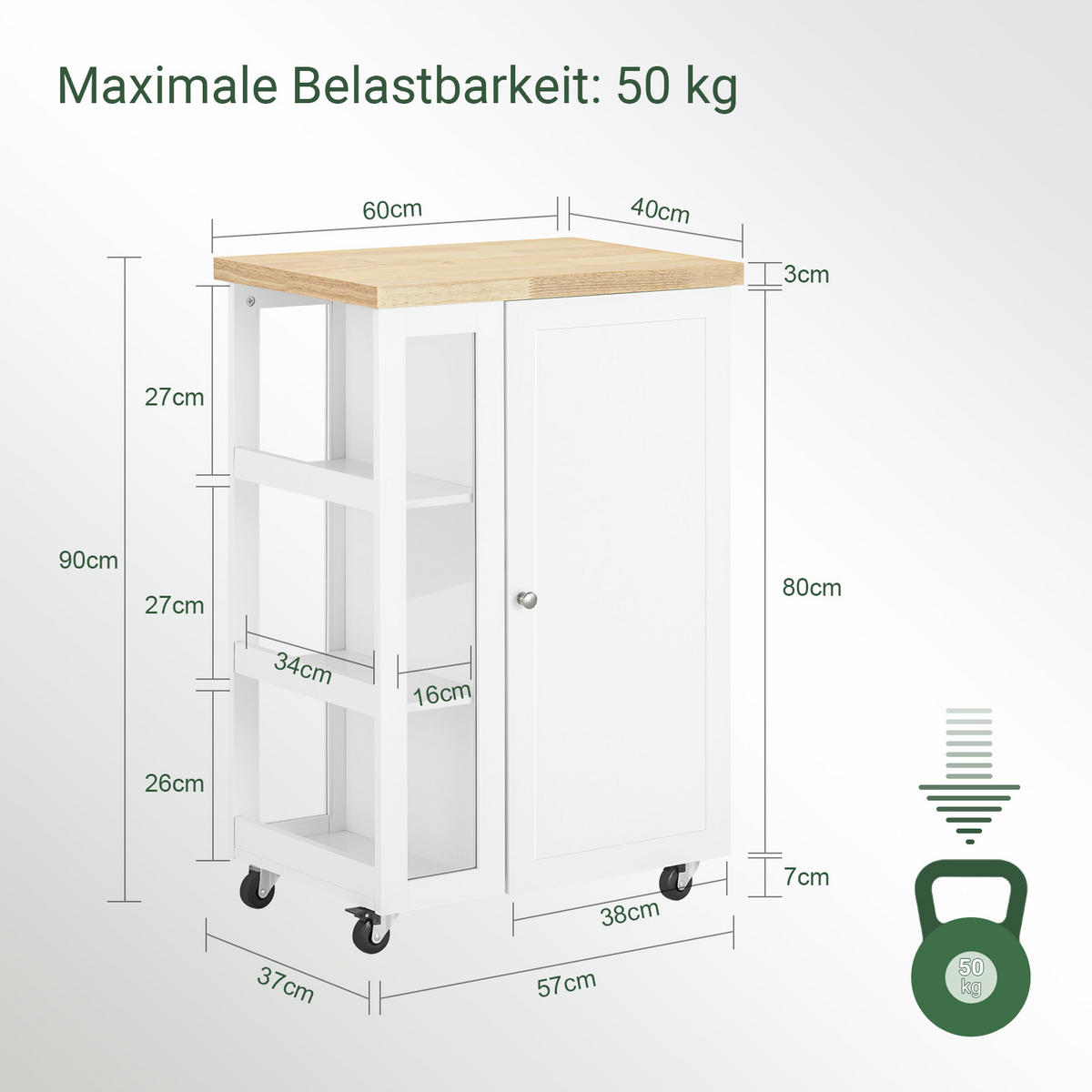 KÜCHENWAGEN zum Rollen, Servierwagen Weiß, 60x90x40cm - Weiß, Glas/Holzwerkstoff (60/90/40cm) - SoBuy