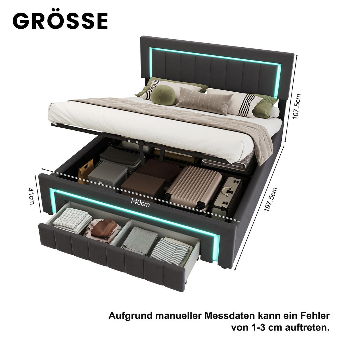 POLSTERBETT 140/190 cm mit hydraulischem Bettkasten, Schublade mit Rollen, LED-Beleuchtung, Grau - Grau, Textil (140/190cm) - Redom