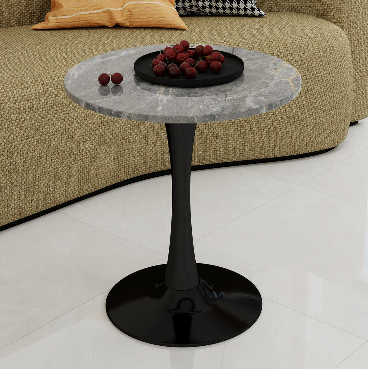COUCHTISCH 70,1 cm als Beistell- und Zusatztisch mit runder Tischplatte in Marmoroptik, Schwarz/Grau - Grau, Stein (70/70/72cm) - Modfu