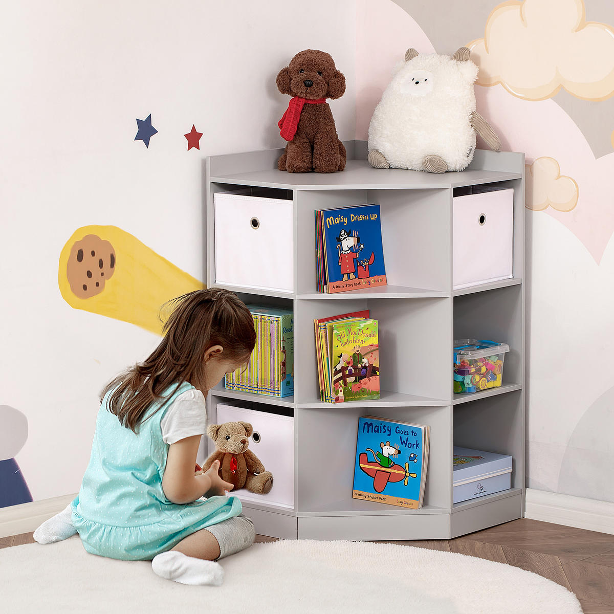 KINDERREGAL Eckregal mit 3 Aufbewahrungsboxen Kinderzimmer Spielzeugablage Grau - Grau, Holzwerkstoff/Textil (57.4/94/57.4cm) - HOMCOM