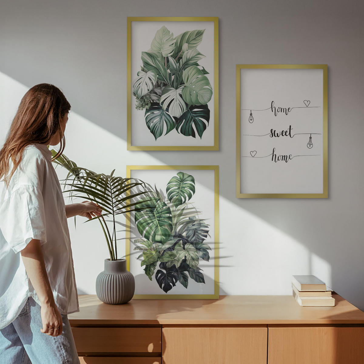 WANDBILDER 3er Set - 40x60 cm Goldrahmen - Aquarell-Monstera-Blätter - Goldfarben, Kunststoff (40/60cm) - ArtPrintCave
