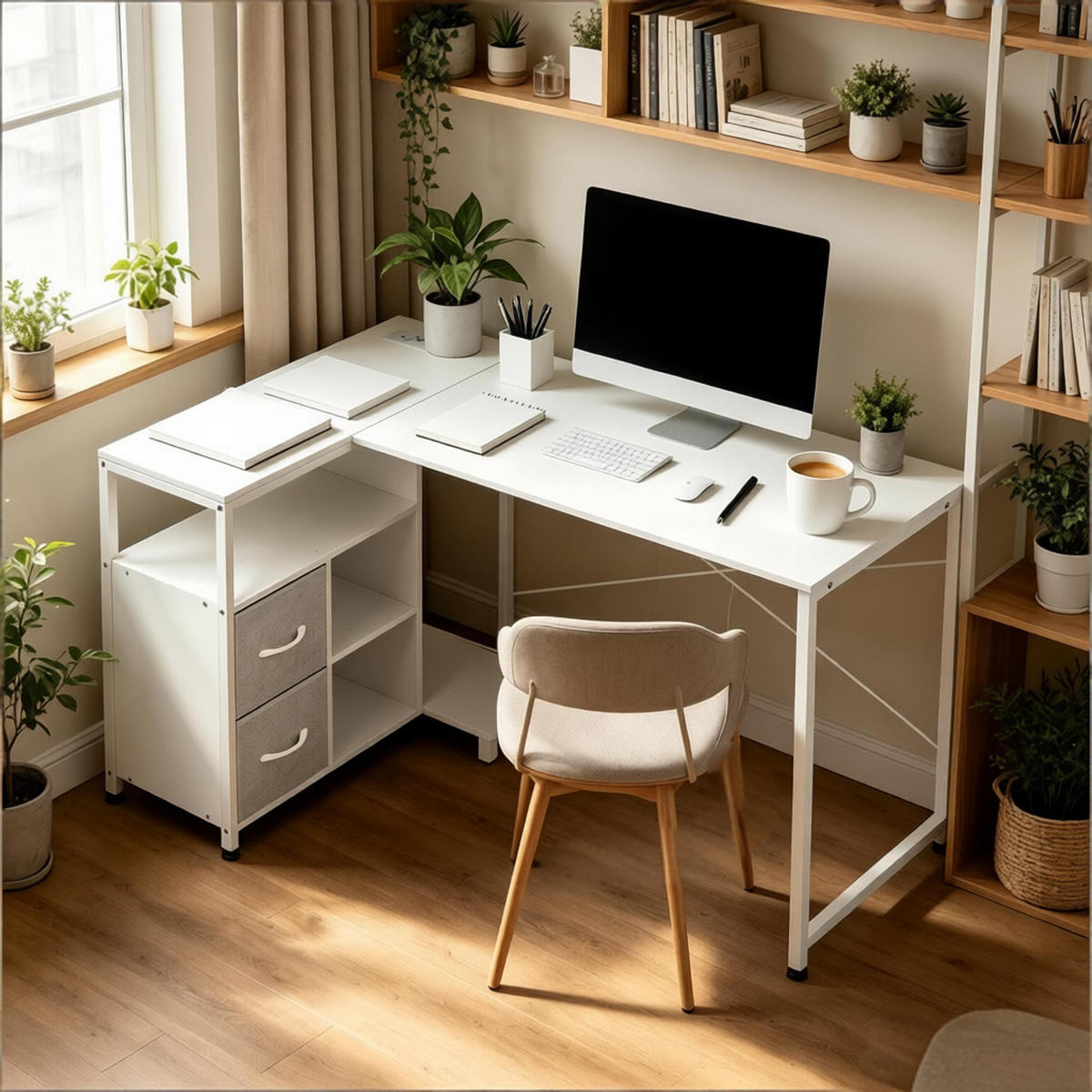 ECKSCHREIBTISCH Weiß 120/80/76 cm mit Stromanschluss USB Typ-C & Stoffschubladen - Weiß, Metall (120/80/76cm) - PANGIVO