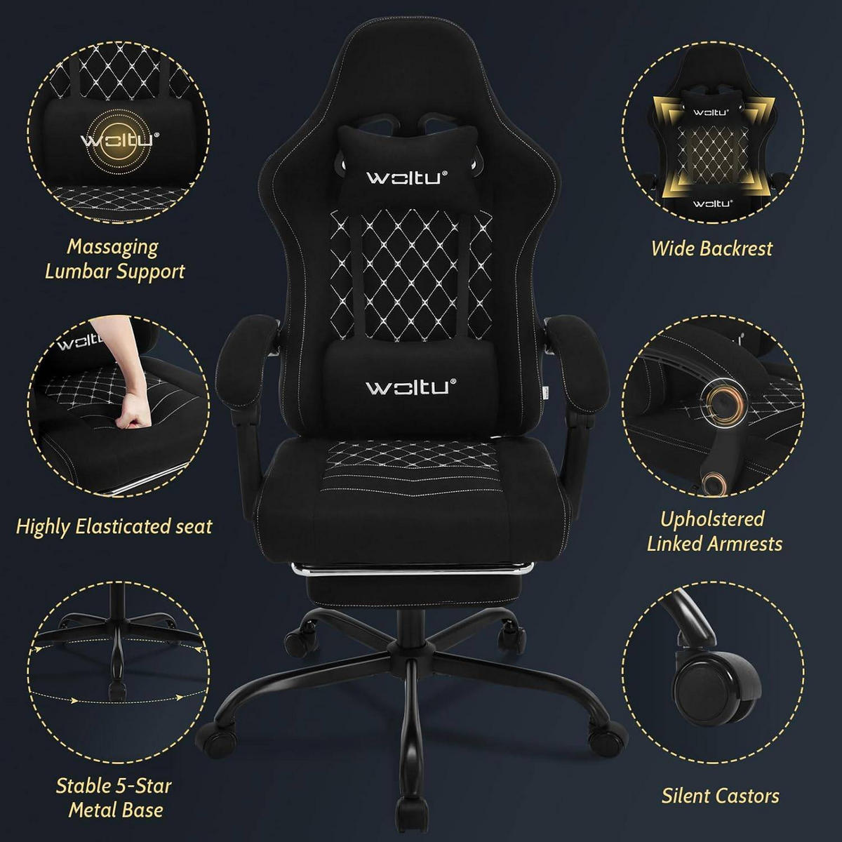 GAMINGSTUHL mit Massagefunktion, Computerstuhl Ergonomisch - Schwarz/Weiß, Kunststoff/Textil (70/127/70cm) - Woltu