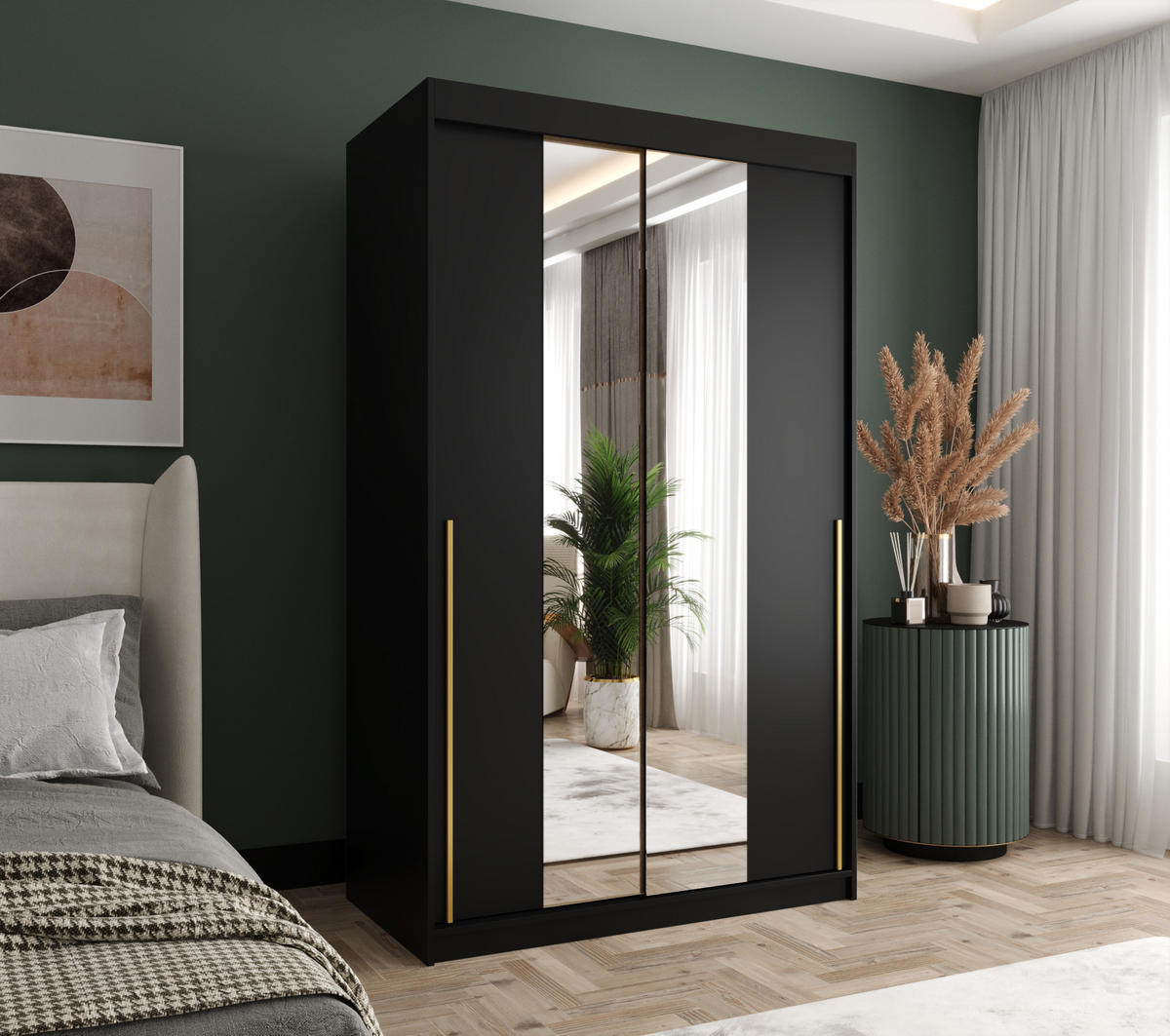 SCHIEBETÜRENSCHRANK mit Spiegel 120 cm Breite, Schwarz mit goldenem Griff - Goldfarben/Schwarz, Holzwerkstoff (120/200/62cm) - Home Collective