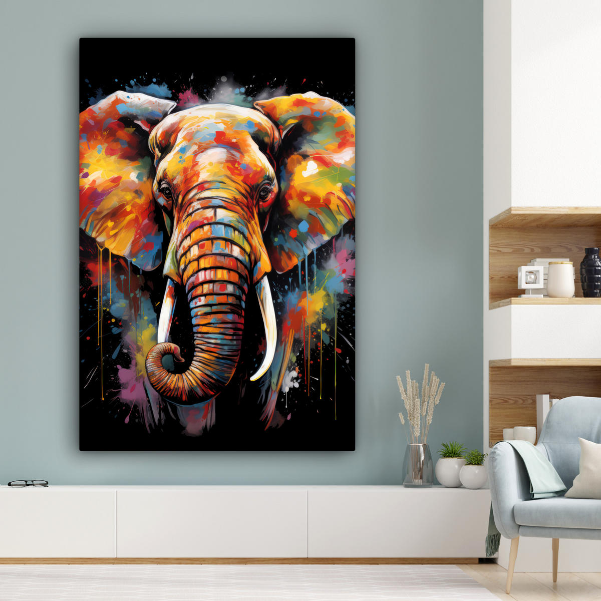 LEINWANDBILD Elefant - Graffiti - Schwarz - Tiere - Farben Deko Groß 90x140 cm - Schwarz, Textil (90/140cm) - MuchoWow