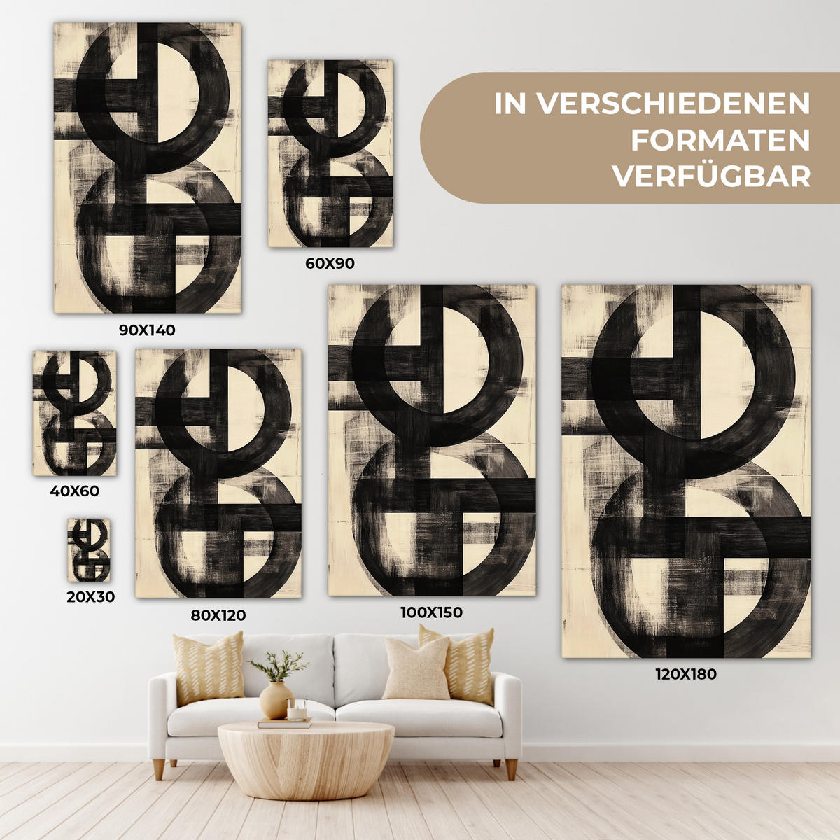 LEINWANDBILD Kreise - Balken - Schwarz - Abstrakt Deko XXL 80x120 cm - Schwarz, Textil (80/120cm) - MuchoWow