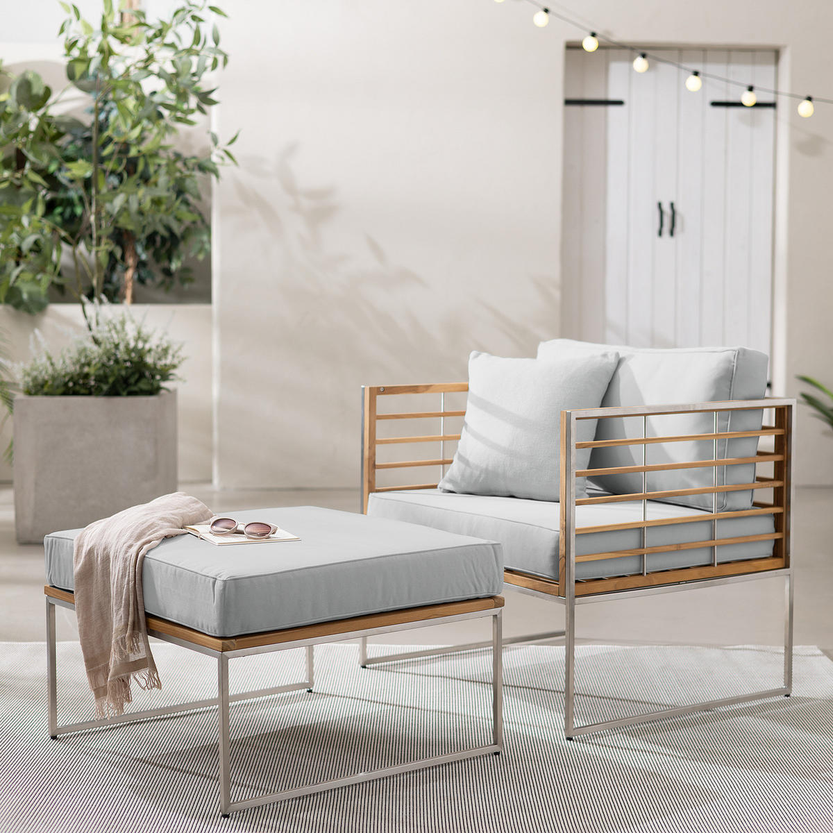 LOUNGESESSEL - 2-teilig - Webstoff / Teak massiv - Hellgrau, Holz/Textil (83/74/70cm) - home24