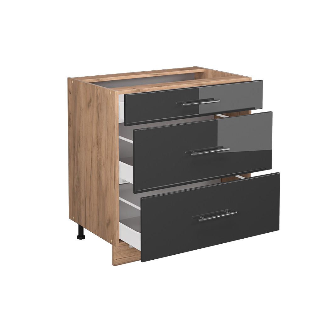 KÜCHENUNTERSCHRANK Fame-Line Anthrazit Hochglanz 80 cm mit 3 Schubladen ohne AP - Anthrazit/Eiche Wotan, Holzwerkstoff (80/82/51.6cm) - Vicco