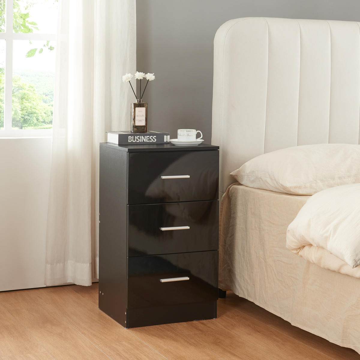 NACHTTISCH Aurdal - Schwarz Hochglanz/Schwarz, Holzwerkstoff (37/66/34.5cm) - [en.casa]