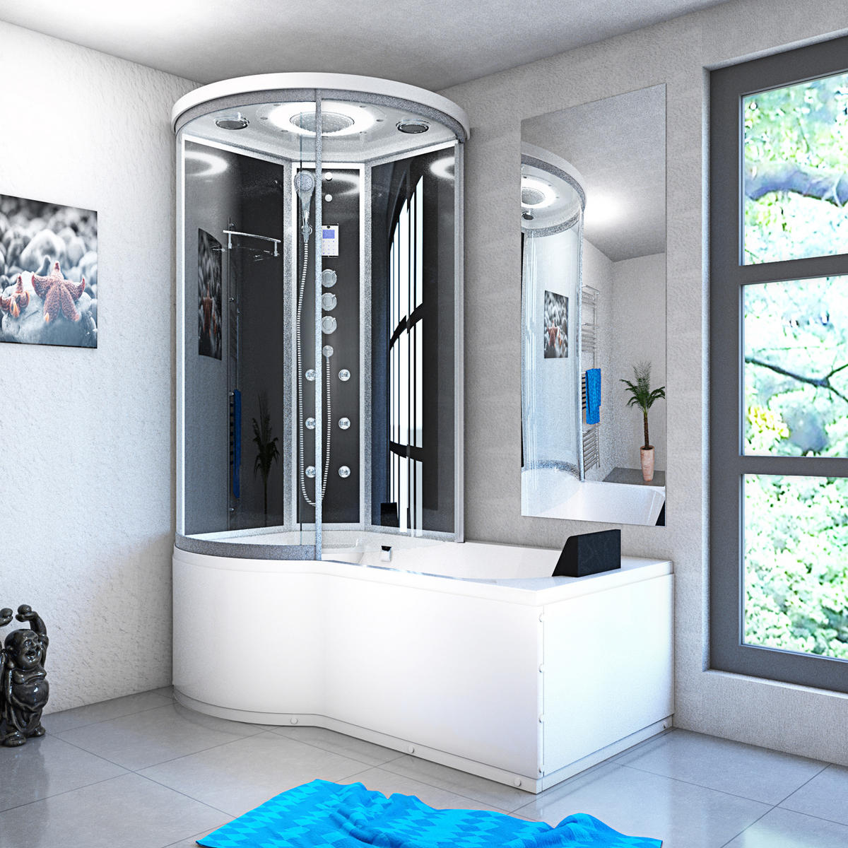DUSCHKABINE mit Wanne K55-R33 Schwarz 100x170 - Schwarz, Glas/Kunststoff (98/170/220cm) - AcquaVapore by Sandra Jentho