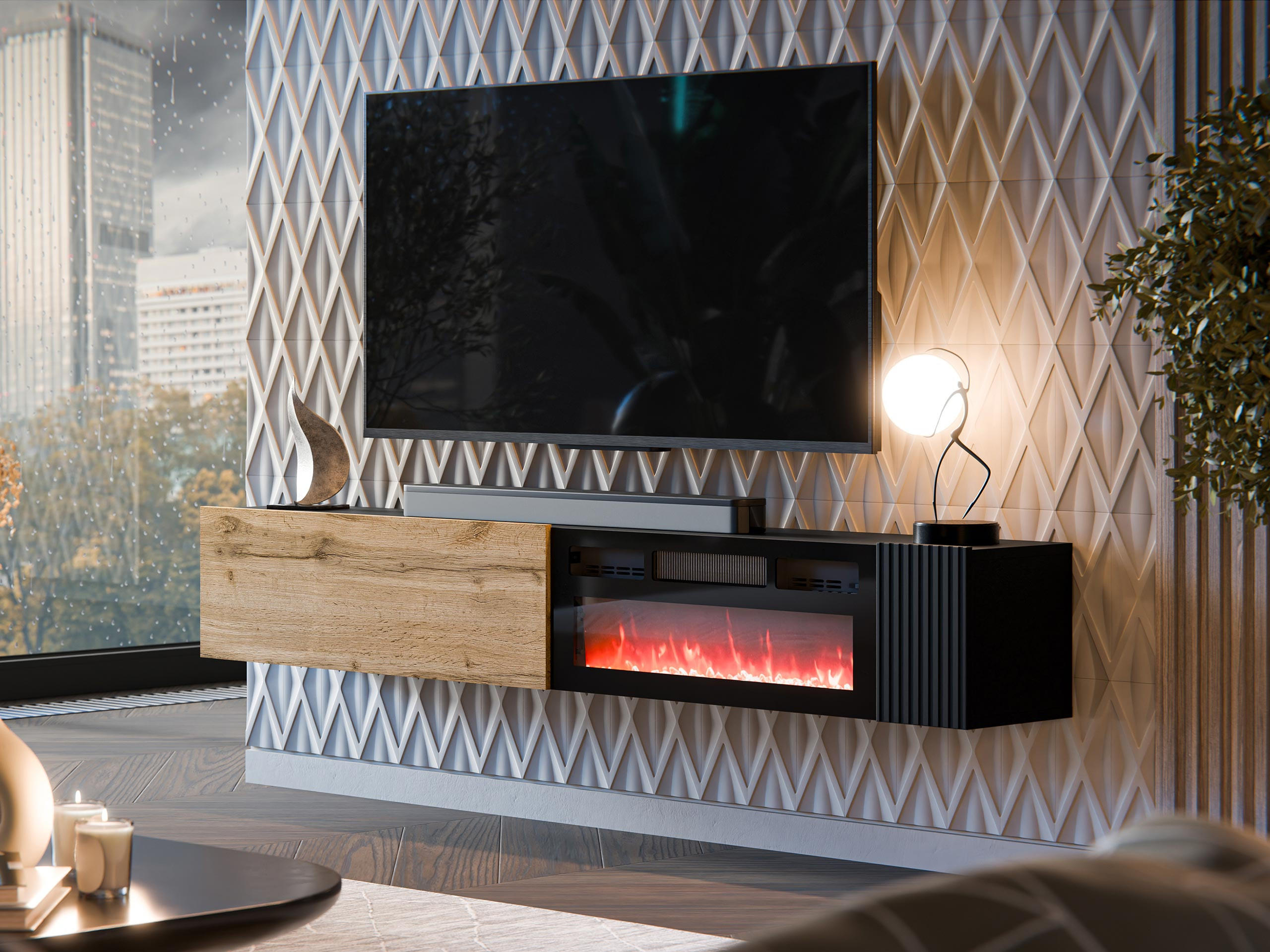 TV-LOWBOARD Capital 200 EF mit Kamin - Eiche Wotan/Schwarz, Holzwerkstoff (200/38/30cm) - MIRJAN24