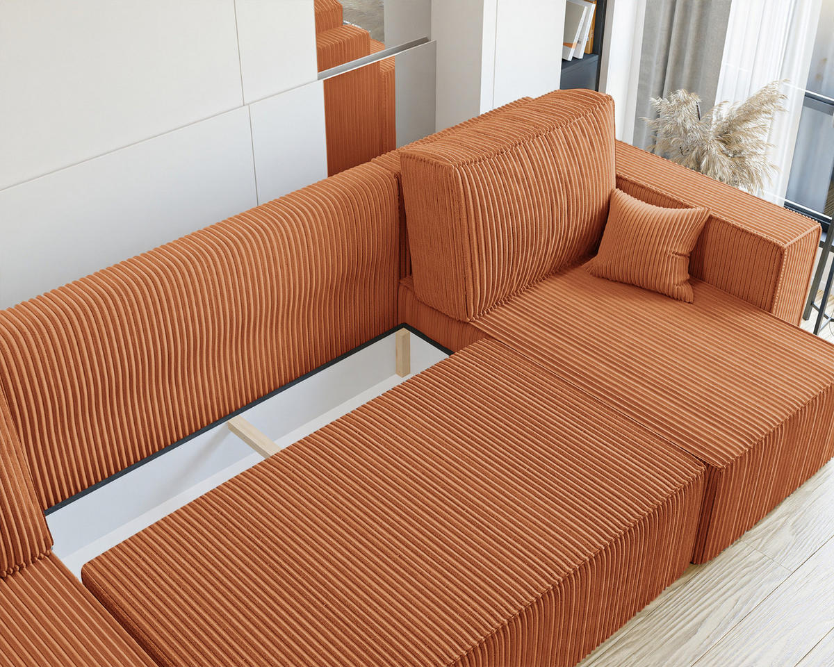 ECKSOFA mit Schlaffunktion und Bettkasten, Ziegelrot - Orange, Holzwerkstoff/Textil (312/145cm) - Idohome