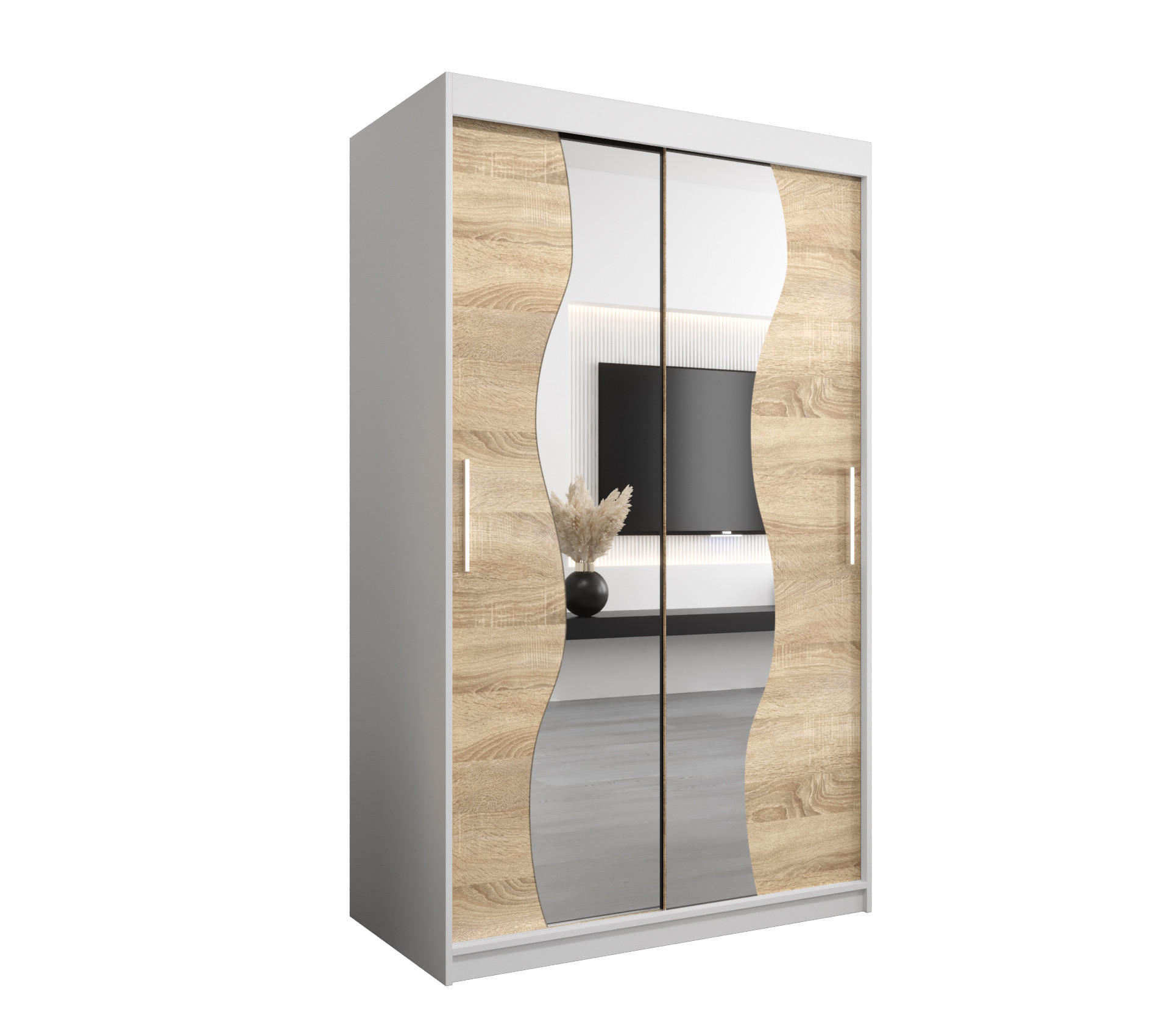 Möbel Kryspol Schwebetürenschrank Weiß, Sonoma Eiche 120x200x62 cm