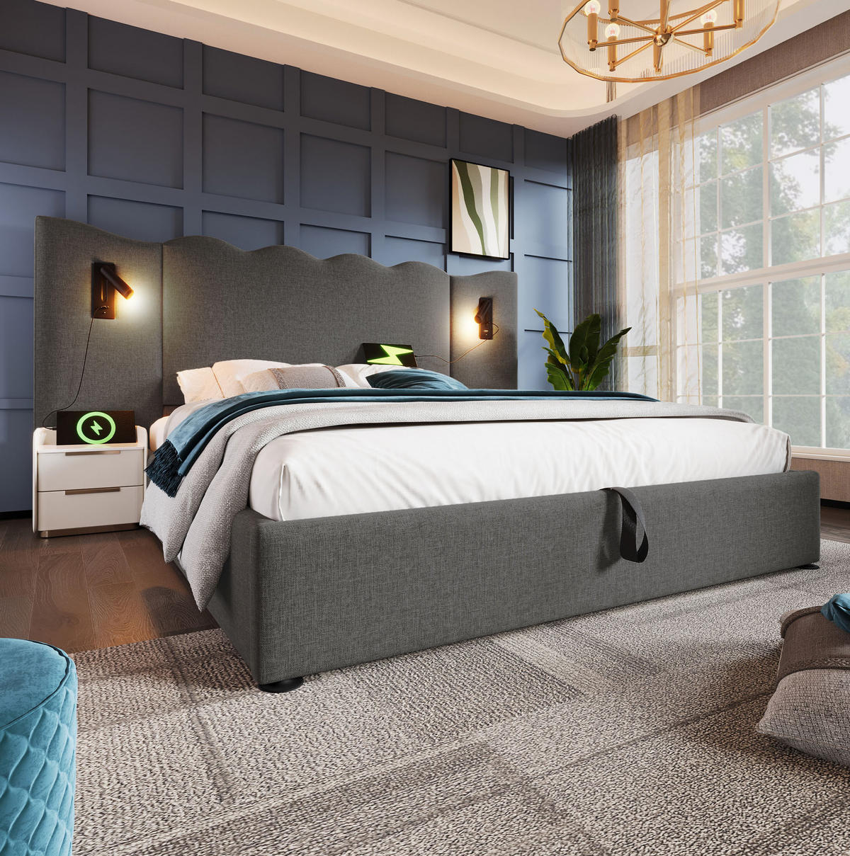 BETT mit Stauraum, Leselampe und Matratze 160x200 cm Leinen Grau - Grau, Metall (160/200cm) - Beauniv