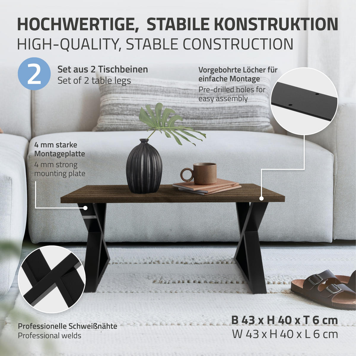 TISCHBEINE 2er Set 43xH40 cm X-Form, Schwarz - Schwarz, Metall (43/6/40cm) - ML-DESIGN