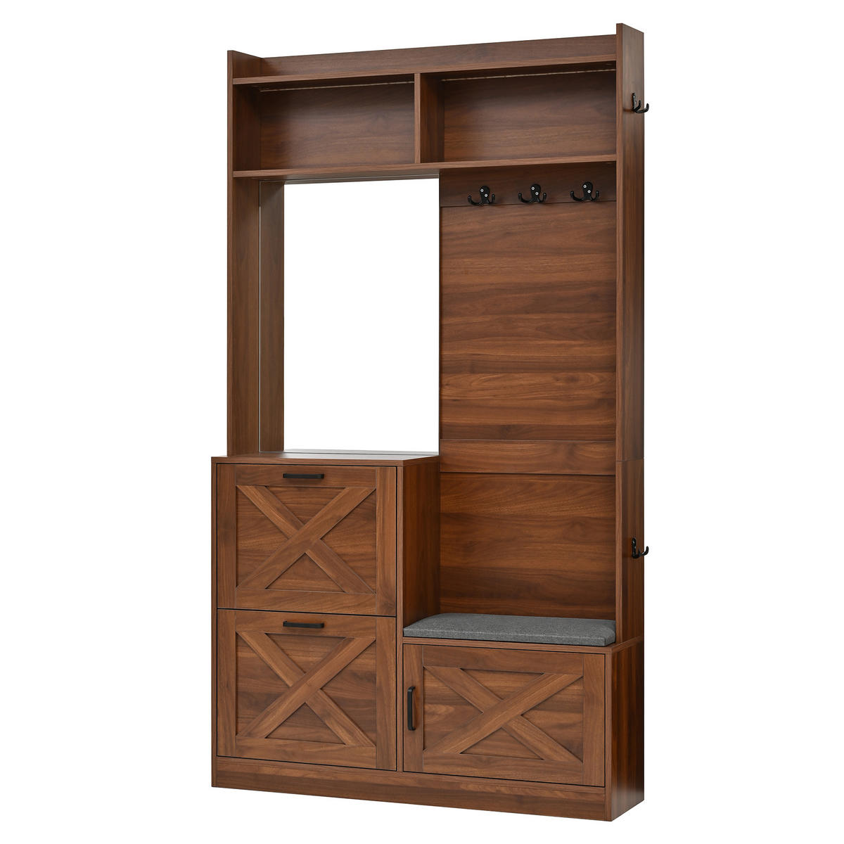 GARDEROBE mit Spiegel, Schuhfächern, Metallgriffen und App-LED - Nussbaumfarben, Holzwerkstoff (25/180/100cm) - Korfee