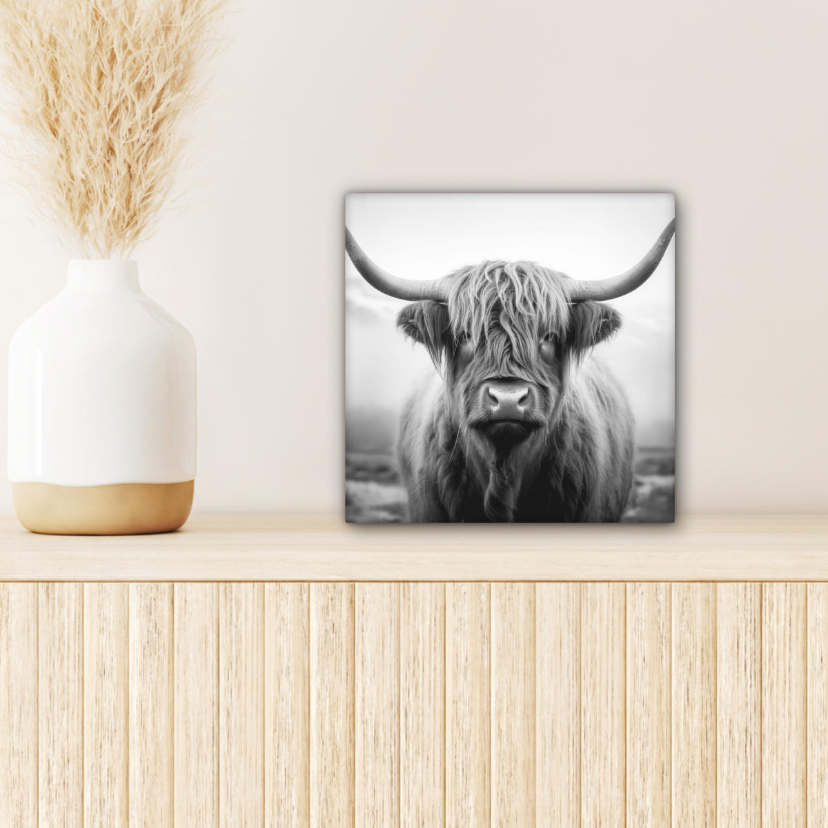 LEINWANDBILD - Schottischer Highlander - Nebel - Schwarz - Weiß - 20x20 - Wandbilder - Grau, Textil (20/20cm) - MuchoWow
