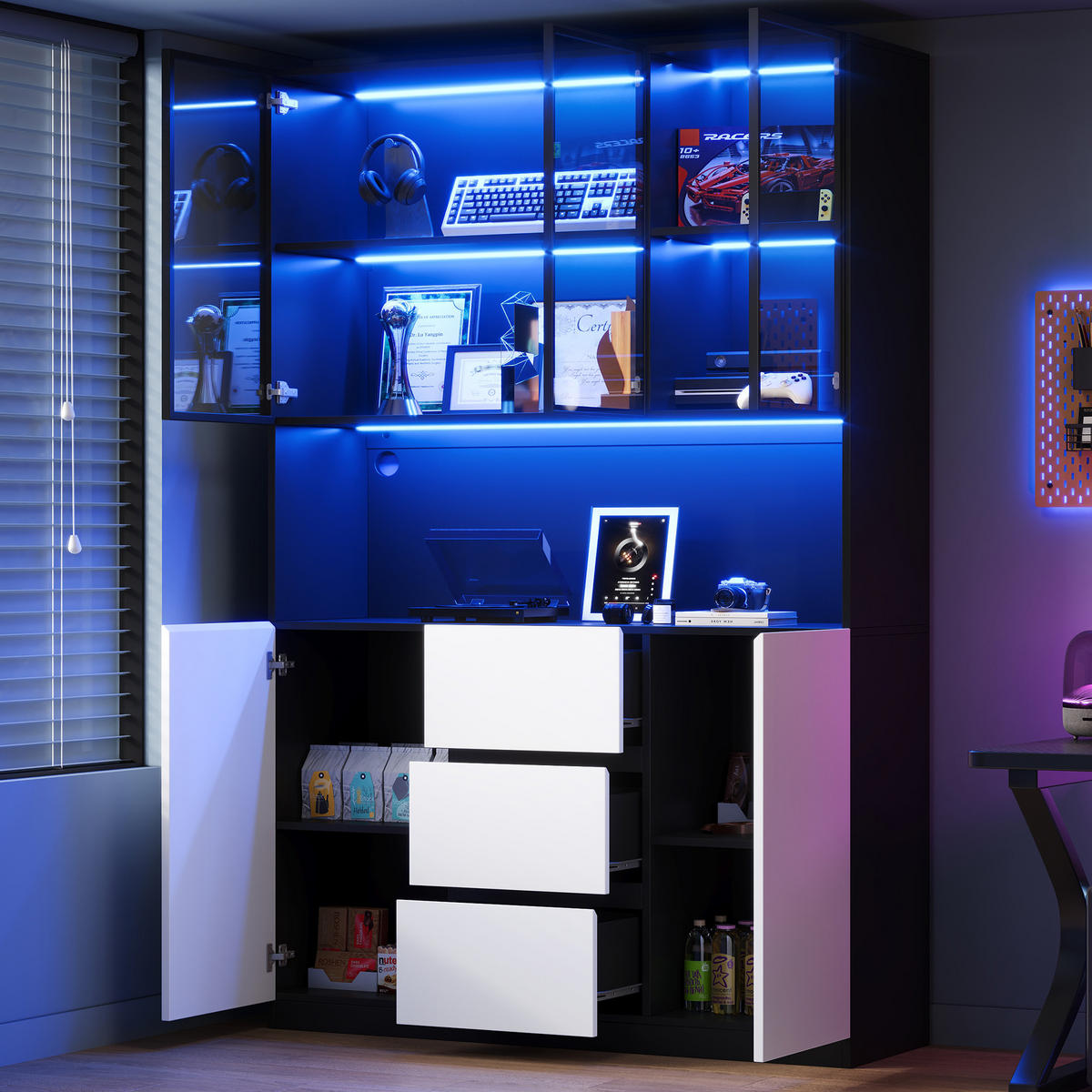 VITRINE 120cm Glas LED 3 Schubladen 2 Türen modern - Schwarz, Holzwerkstoff (120/200/40cm) - FLIEKS