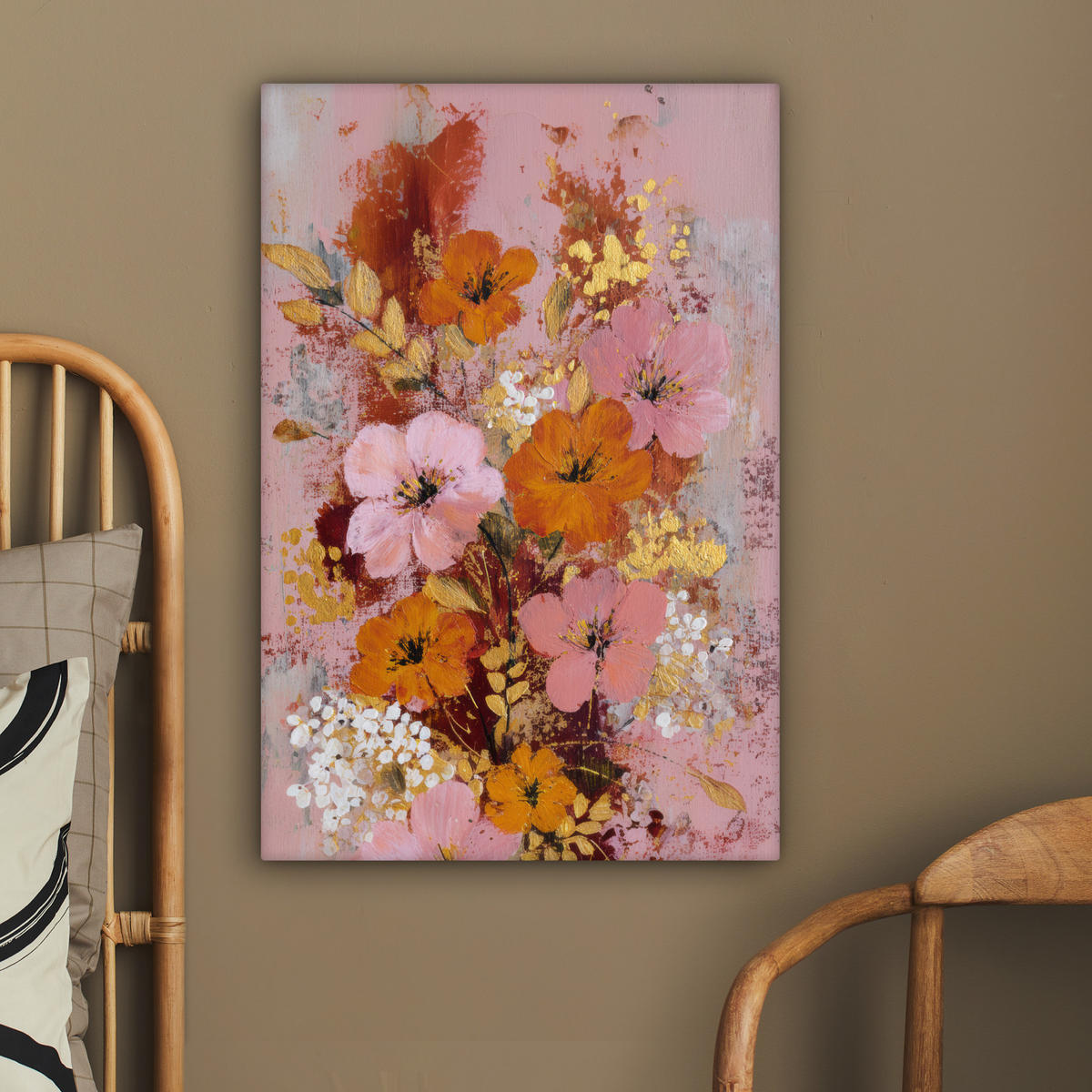 LEINWANDBILD Malerei - Blumen - Rustikal - Rosa Wanddeko 40x60 cm - Altrosa, Textil (40/60cm) - MuchoWow