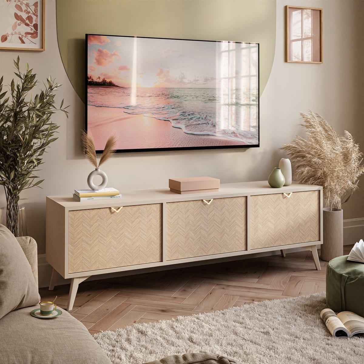 TV Element ALOE Fischgrätenmuster Scandi Sandbeige - Beige, Holzwerkstoff (158/52/38cm) - Lookway