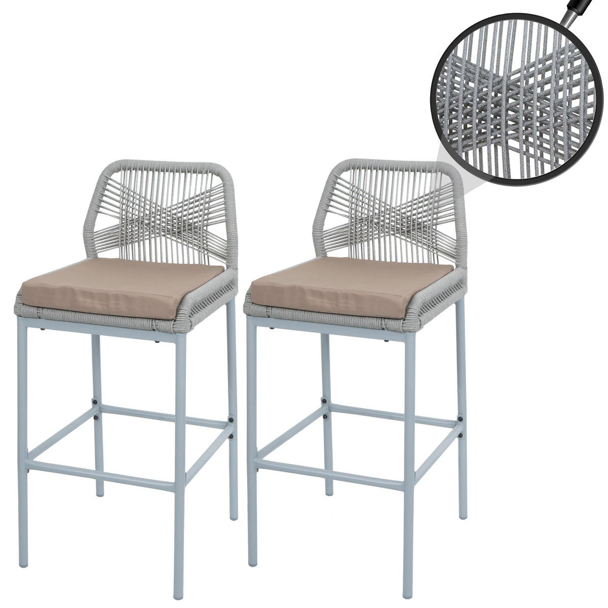 GARTENSTUHL 2er-Set HxBxT 101x45x52cm Sitzhöhe 76cm Hellgrau Kissen Taupe Seilgeflecht Metall - Hellgrau, Metall (45/101/52cm) - PROREGAL