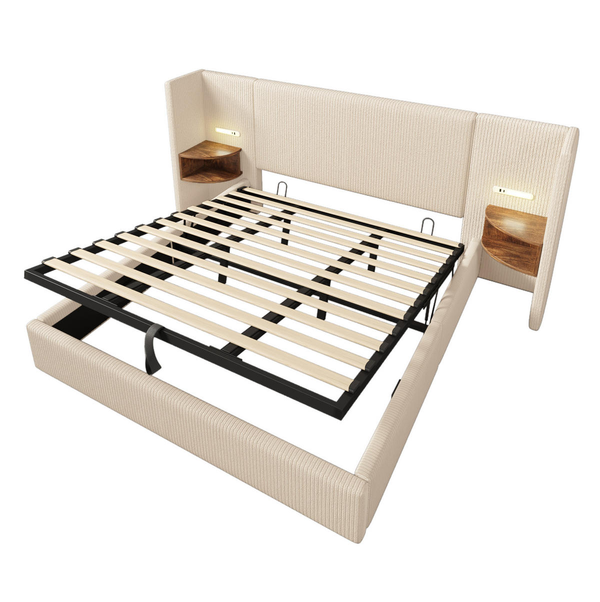 POLSTERBETT mit Bettkasten 180/200 cm mit Leselampe und USB-Anschlüssen - Beige, Textil (180/200cm) - BEAOK
