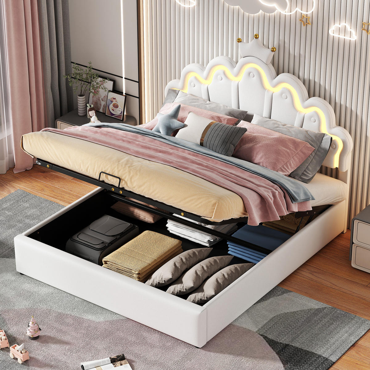 POLSTERBETT 140/200 cm Weiß aus Kunstleder mit LED-Beleuchtung - Weiß, Kunststoff (140/200cm) - OKMYHOME