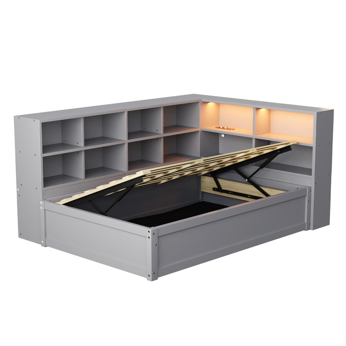 BETT 90/200 cm aus Holz mit Stauraum und LED-Beleuchtung in Grau - Grau, Holz (90/200cm) - Flora Grace