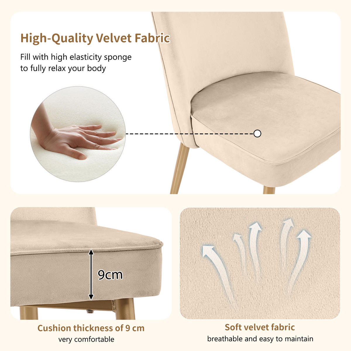 ESSZIMMERSTUHL 2-Tlg Beige Samt, Gold Beine, Wohnzimmer - Beige, Metall (45.5/87.5/62cm) - FLIEKS